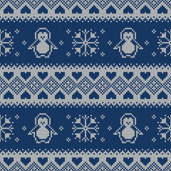 Knitted Seamless Pattern Penguins Snowflakes Hearts Winter Sweater Background Vector — Stock Vector