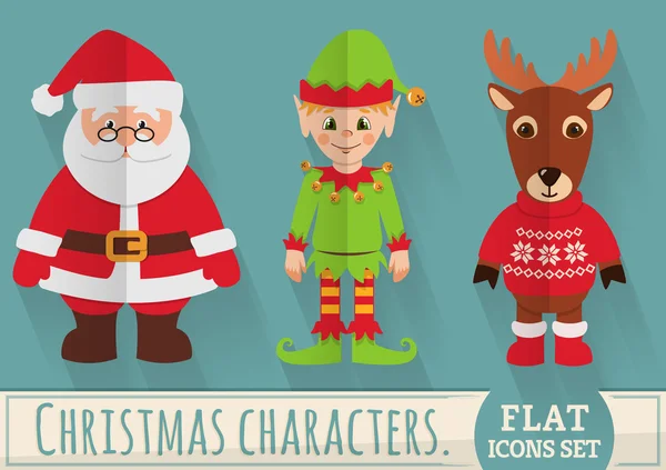 Flat Christmas characters: Santa, elf and reindeer. Vector set. — Stock Vector