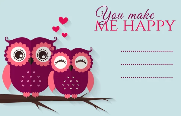 You make me happy. Vector card with cute owls. — Stock Vector