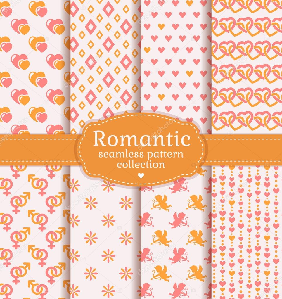 Love and romantic seamless patterns. Vector set.