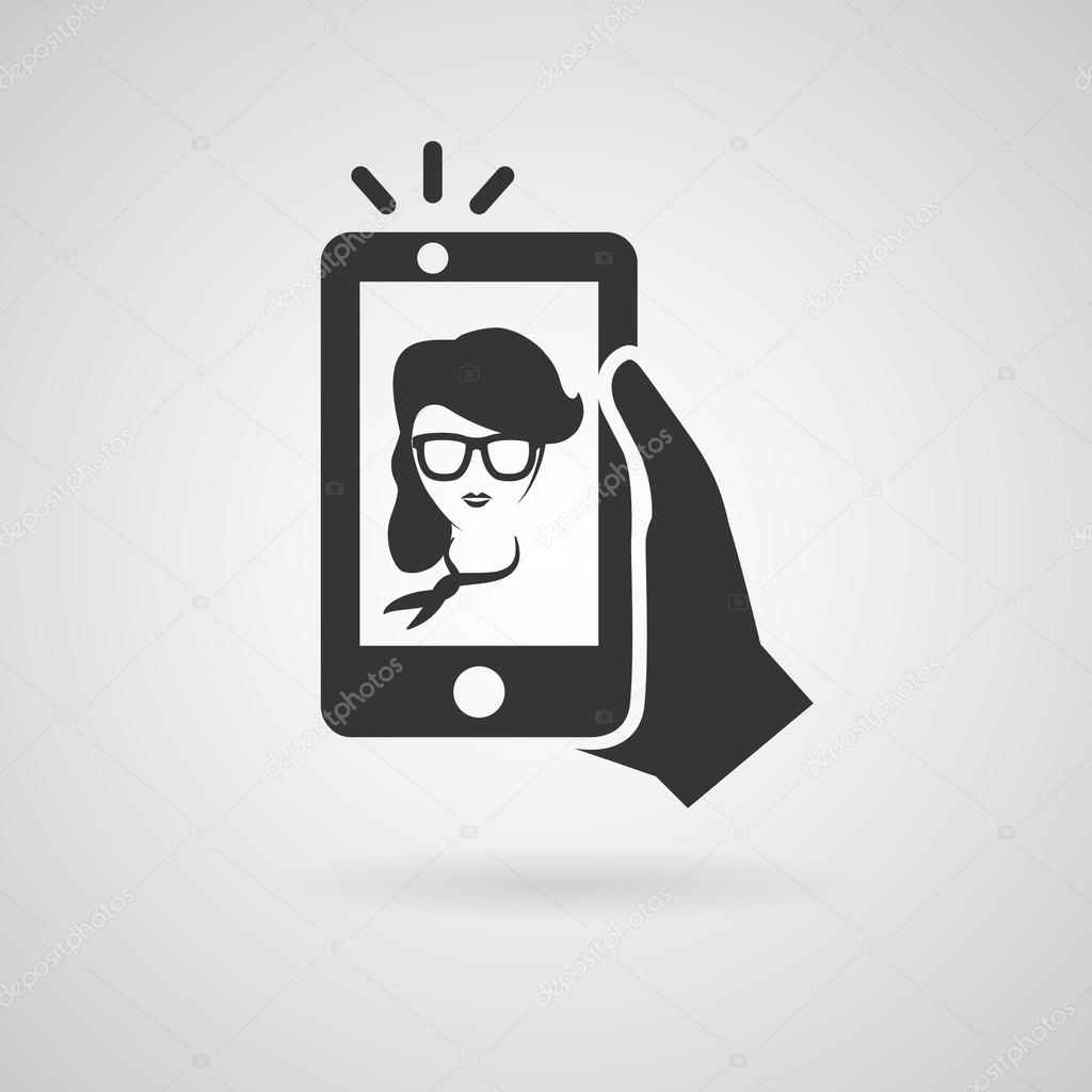 Selfie icon with trendy woman. Vector symbol. 