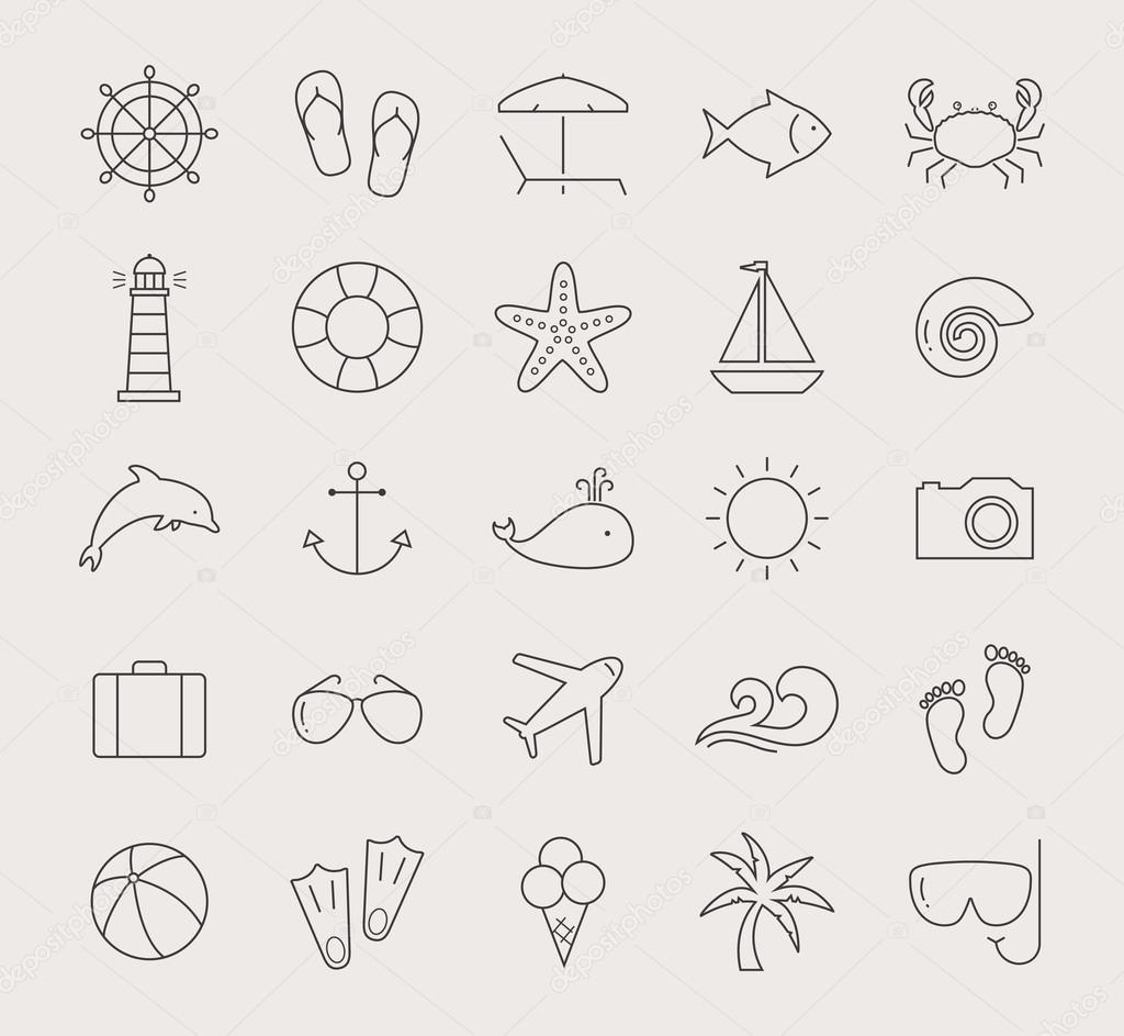 Sea and beach line icons.