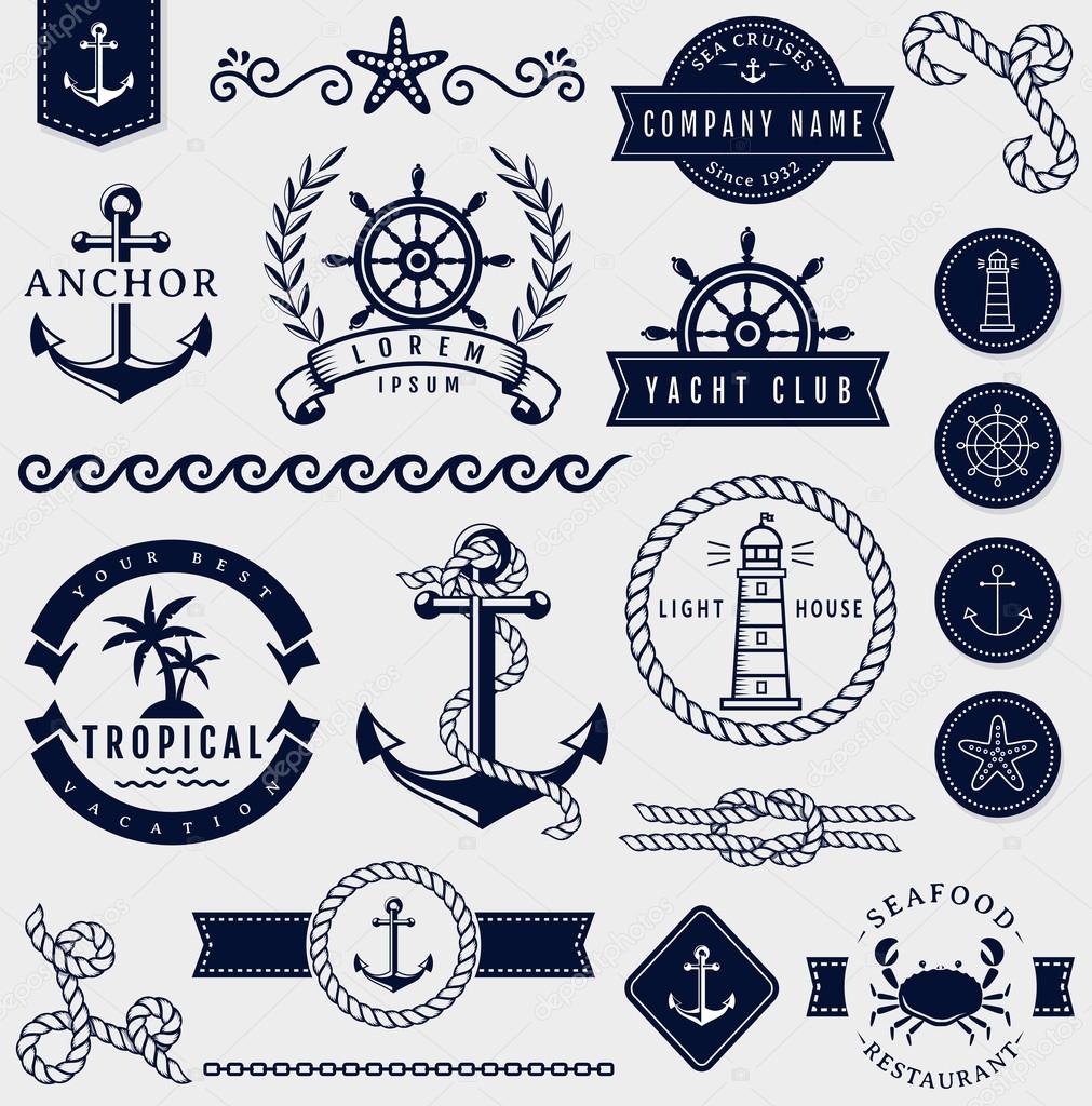 Set of sea and nautical decorations isolated on white background. Collection of elements for company logos, business identity, print products, page and web decor or other design. Vector illustration.
