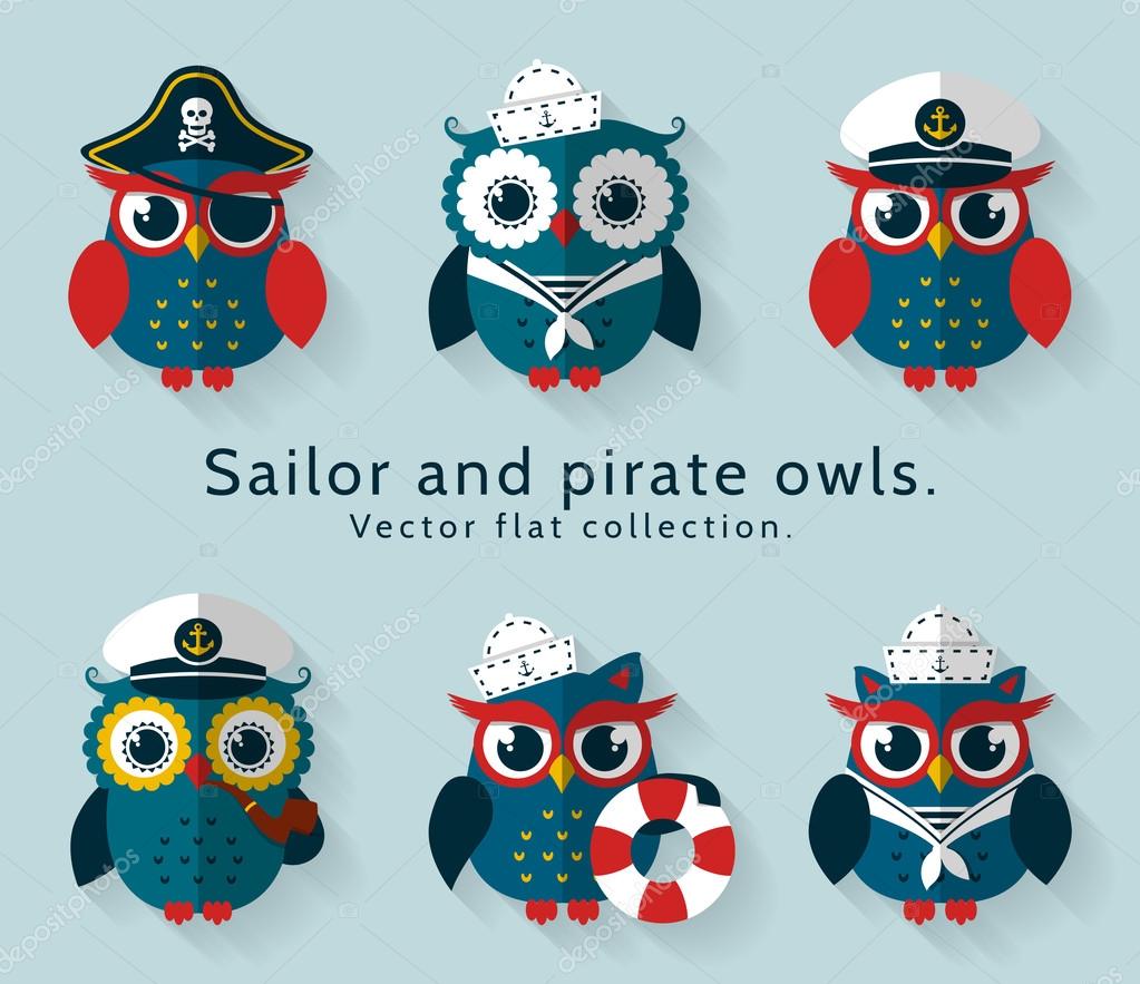Ahoy! Set of sailor, captain and pirate owls for sea and nautical design. Funny icons isolated on blue background. Vector flat collection.