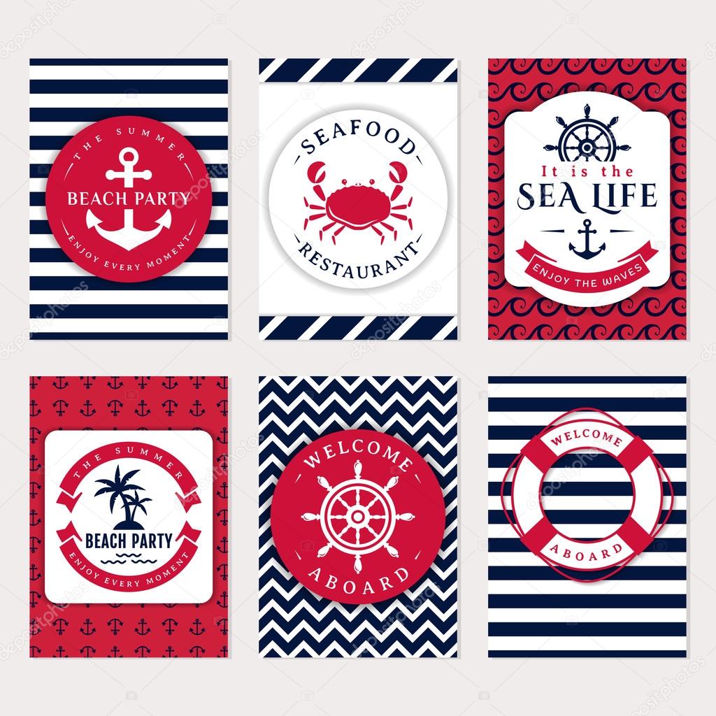 Set of nautical and marine banners and flyers. Elegant card templates in white, navy blue and pink colors. Sea theme. Vector collection.