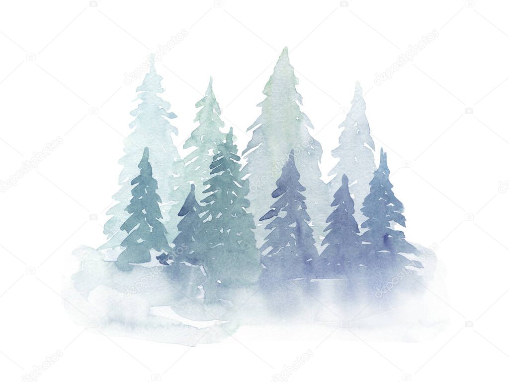     Winter watercolor fir trees in the fog. Hand drawing