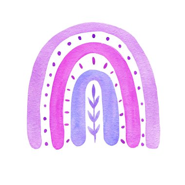 Şirin suluboya pembe renkli gökkuşağı. Modern bir gökkuşağı. Beyaz arka planda el yapımı illüstrasyon. İç kısımda İskandinav tarzı. Logo tasarımı, baskı, çocuk odası dekorasyonu, davetiyeler..