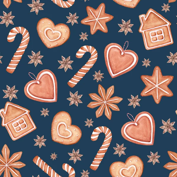 Seamless Pattern Christmas Illustration Hand Drawn Watercolor Gingerbread Cookies Shape — Stock Photo, Image