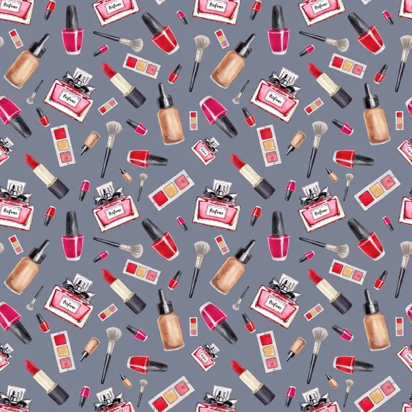 Make Up seamless pattern. Fashion. Glamor accessories. Watercolor pattern with  lipstick, perfume and nail polish on a gray background