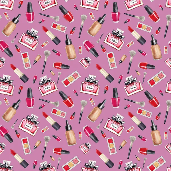 Make Up seamless pattern. Fashion. Glamor accessories. Watercolor pattern with  lipstick, perfume and nail polish on a pink background