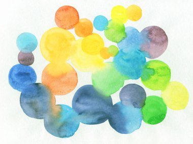Suluboya renkli daireler. Suluboya soyut arkaplan, elle boyanmış doku, suluboya lekeler..