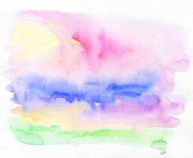 Suluboya soyut arkaplan, elle boyanmış doku, suluboya mavi, sarı, yeşil ve pembe lekeler. Arkaplan, duvar kağıdı, kapak ve ambalaj için tasarım