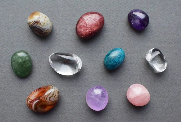 Tumbled Gems Various Colors Amethyst Rose Quartz Agate Apatite Aventurine — Stock Photo, Image