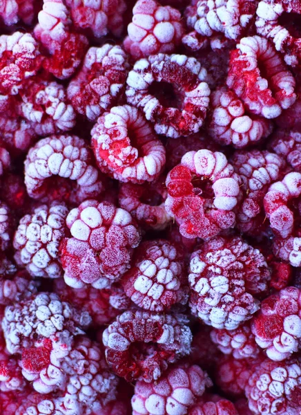 Background Frozen Red Raspberries Covered Hoarfrost Close Soft Focus Selective — Stock Photo, Image