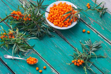 Köy ahşap bir masada taze deniz dikenli üzümleri. Sağlıklı organik böğürtlen hasadı.
