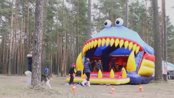 Kinderen springen op een zachte opgeblazen trampoline in de natuur. kinderen massa entertainment — Stockvideo