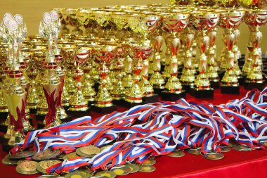 Yarışmalarda ödül alanlara kupalar ve madalyalar. Kazanan konsept