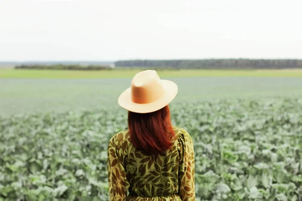 Een vrouw in een veld met kool. herfstoogstseizoen Stockfoto