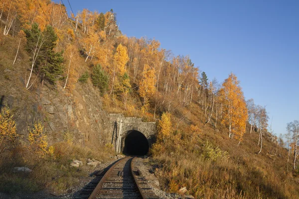 Осінь на унеможливлюють Байкал залізниця — стокове фото