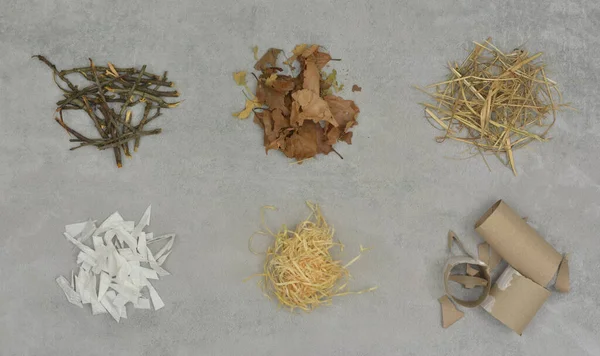 Kahverengi gübre elementleri altı gruba ayrılmış. Gübreleme eğitimi: kağıt parçacıkları, kuru yapraklar, dal, saman, karton, tuvalet kağıdı ruloları, talaş, talaş.