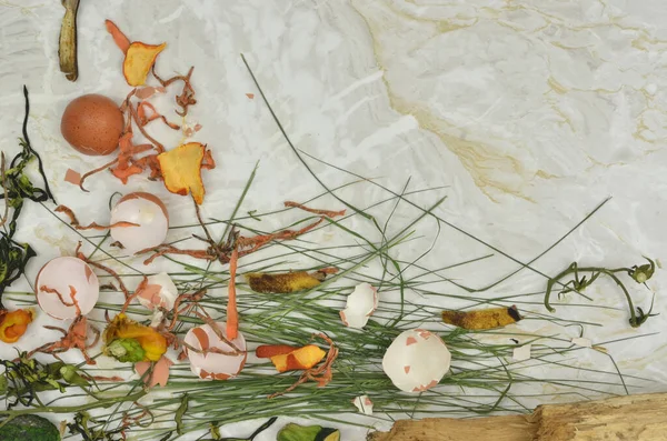 Mermer arkaplandaki içerikle doldurmak için boş alanı olan gübre atığı. Ekolojik eğitim. Çimenden, yumurta kabuklarından, kabuktan, havuç kabuklarından, muz kabuklarından ve benzerlerinden oluşan soyut bir karmaşa..