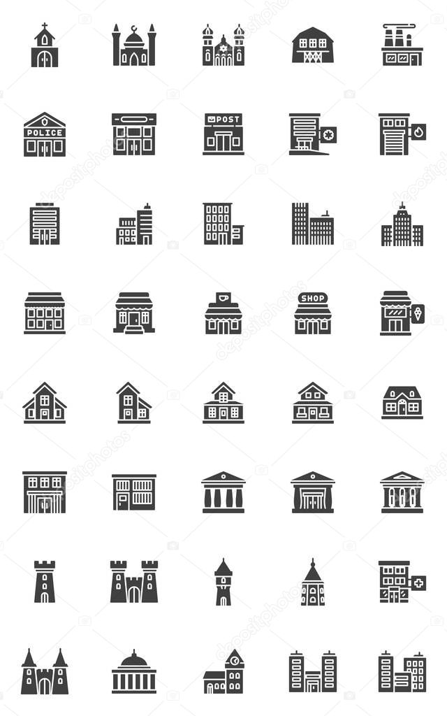 City buildings vector icons set, modern solid symbol collection, filled style pictogram pack. Signs, logo illustration. Set includes icons as hospital, police department, school, bank, court house