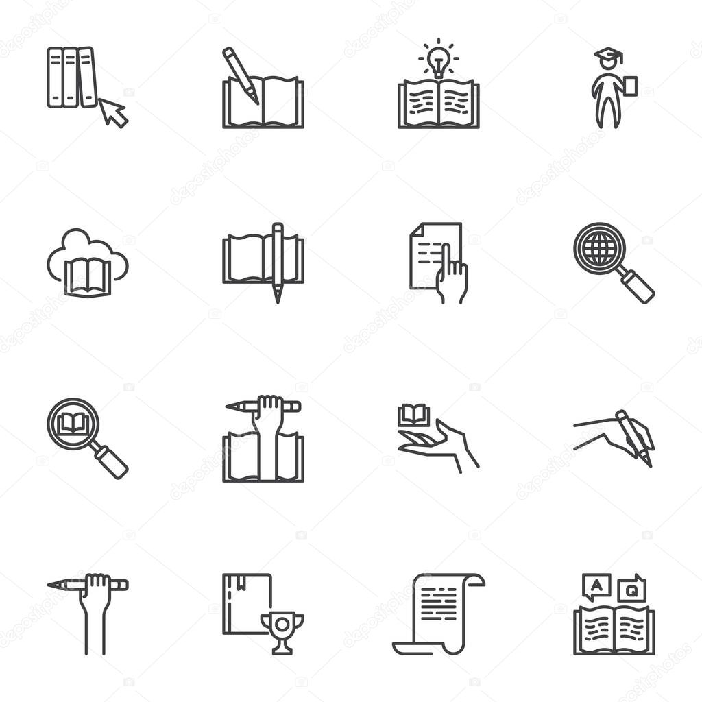 Education and e-learning line icons set, outline vector symbol collection, linear style pictogram pack. Signs logo illustration. Set includes icons as graduate student, online bookstore cloud, diploma