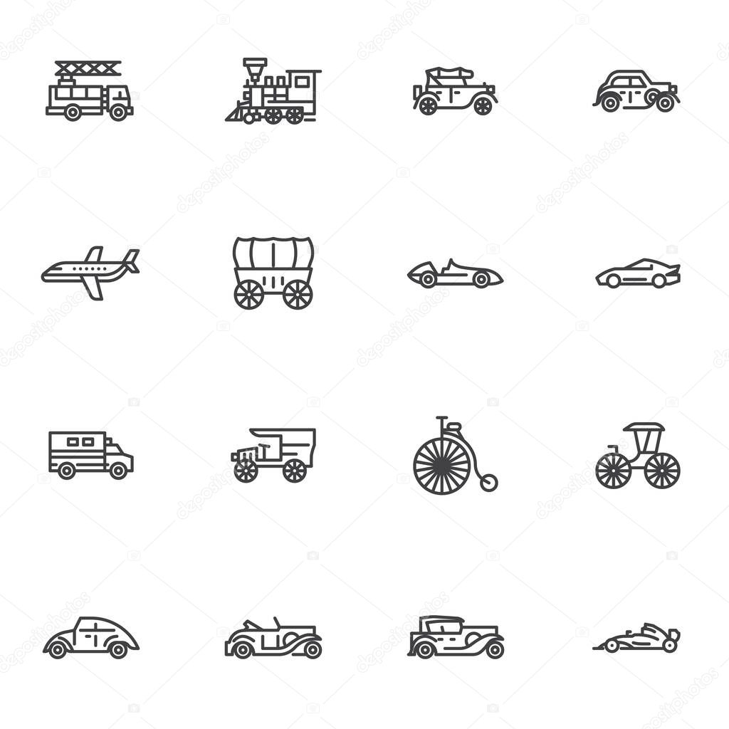 Retro transportation line icons set