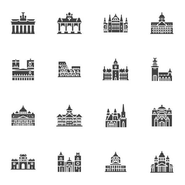 Cidades europeias monumentos conjunto de ícones vetoriais — Vetor de Stock