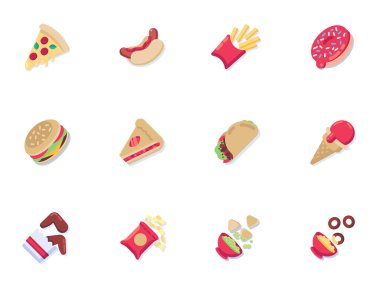 Fast food menü koleksiyonu, abur cubur düz simgeler