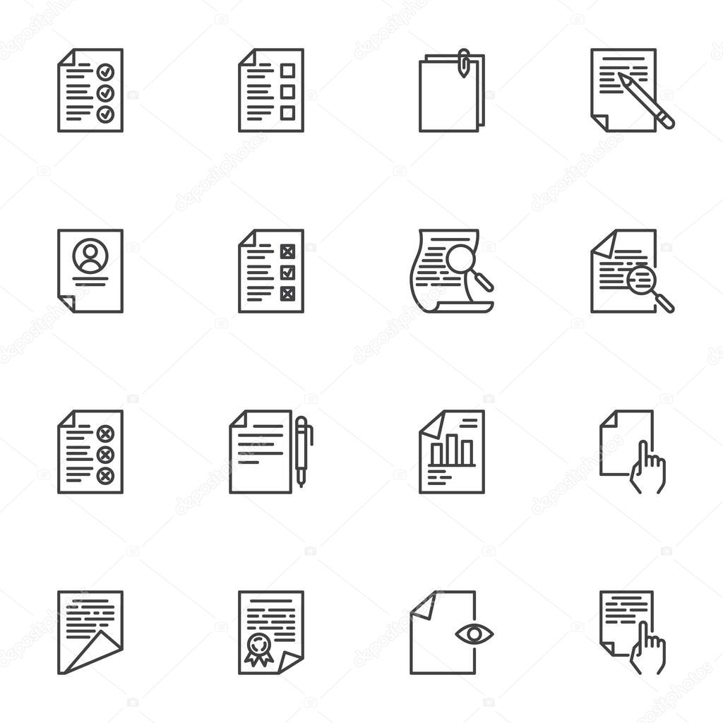 Document list line icons set, outline vector symbol collection, linear style pictogram pack. Signs, logo illustration. Set includes icons checklist with check mark, business graph report, certificate