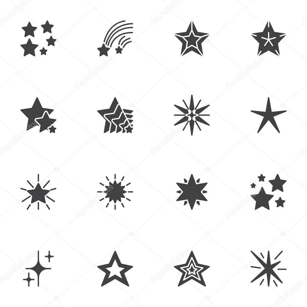 Stars vector icons set, modern solid symbol collection, filled style pictogram pack. Signs, logo illustration. Set includes icons as falling star, christmas decoration, firework, starburst
