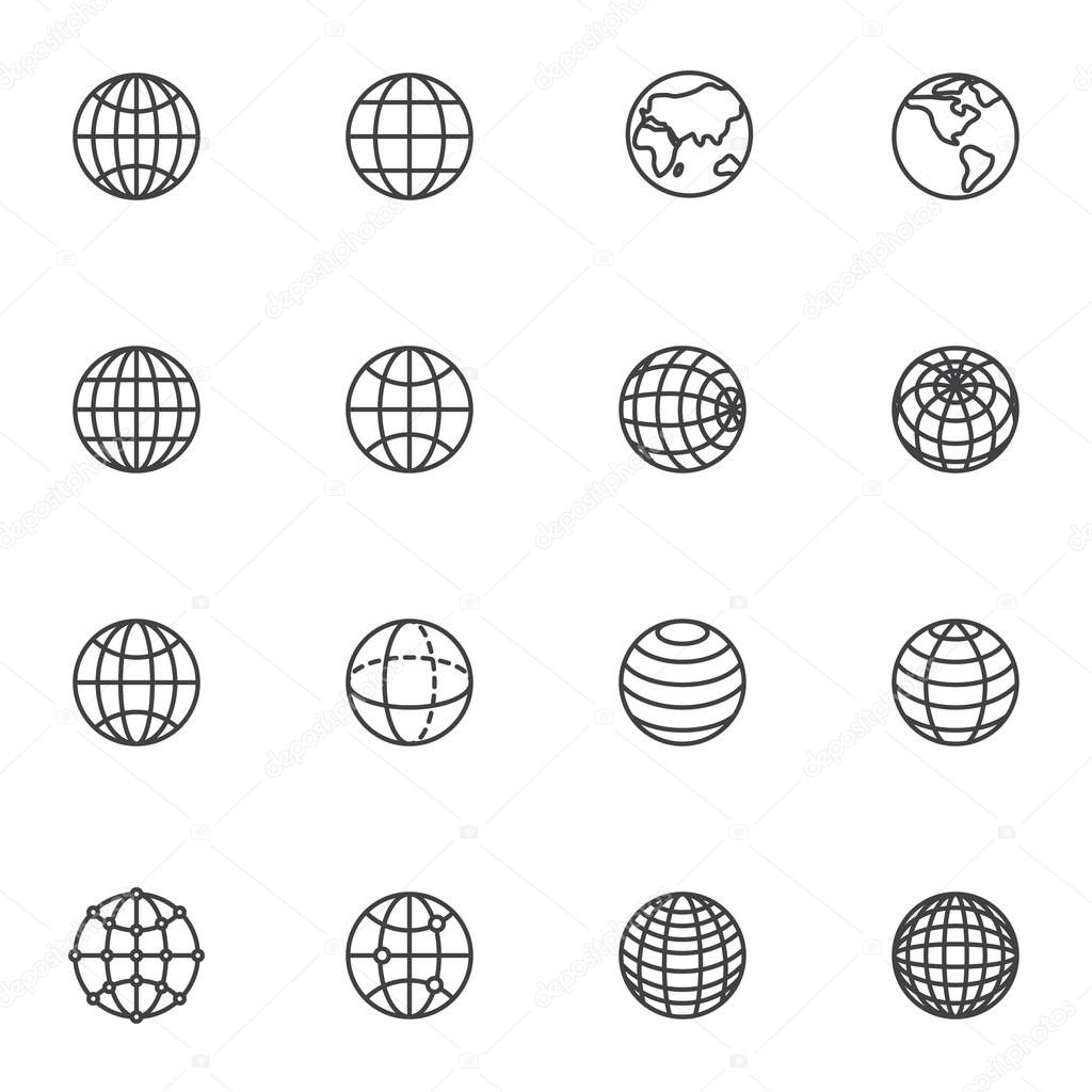 Globe grid line icons set