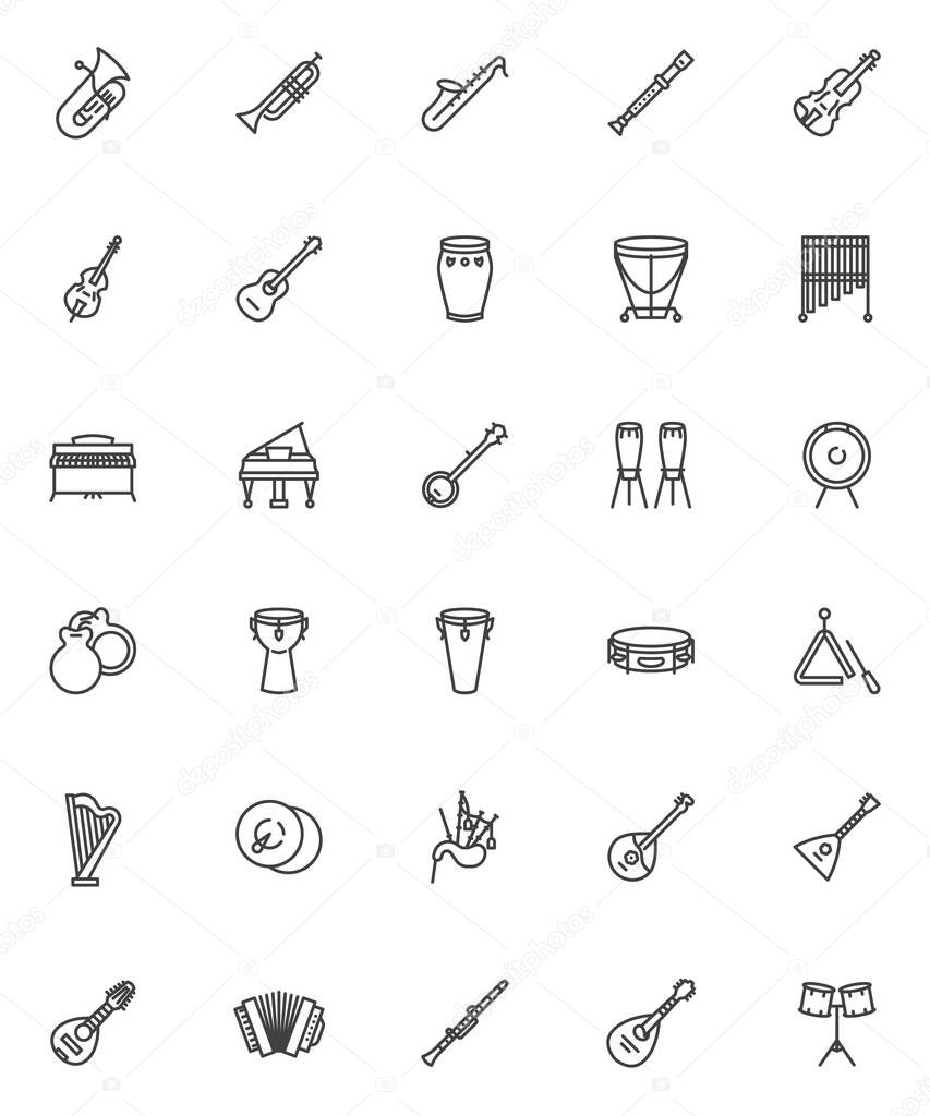 Musical instruments line icons set. linear style symbols collection, outline signs pack. vector graphics. Set includes icons as saxophone, percussion instruments, drums, acoustic guitar, grand piano