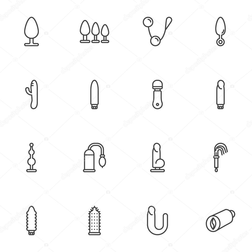 Sex toys line icons set, outline vector symbol collection, linear style pictogram pack. Signs, logo illustration. Set includes icons as vibrators, dildos, sex toys faloimitator