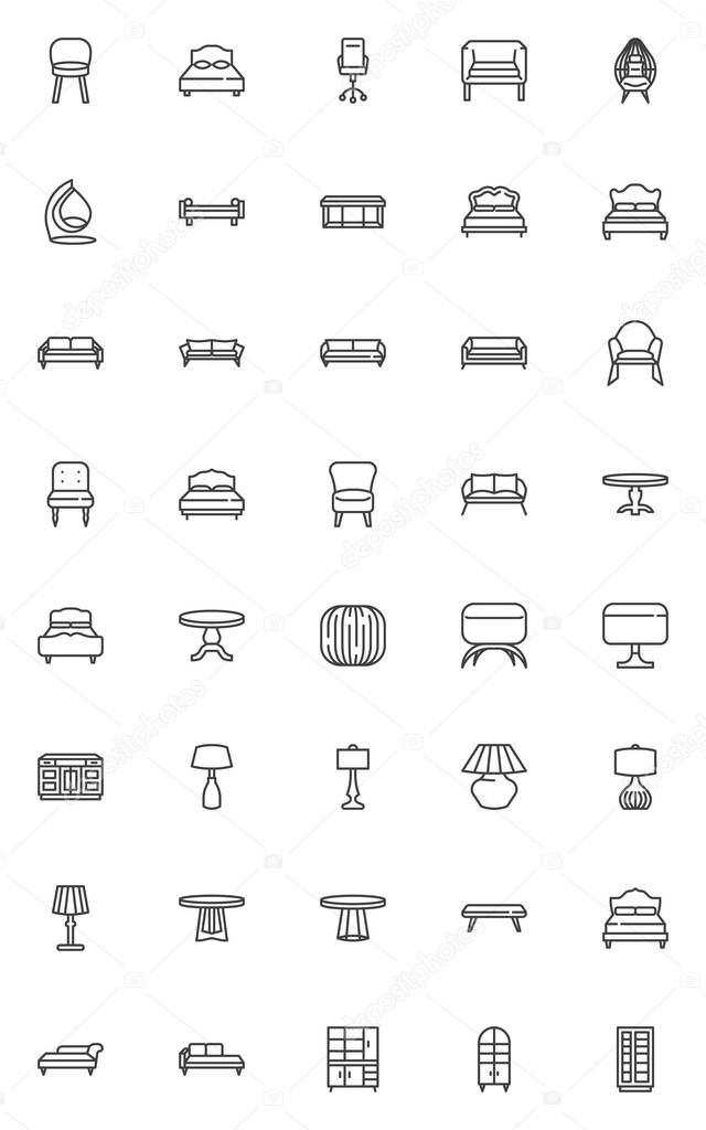 Interior furniture line icons set. linear style symbols collection, outline signs pack. vector graphics. Set includes icons as bed sofa, couch furniture, table, wardrobe, cupboard, desk lamp, armchair