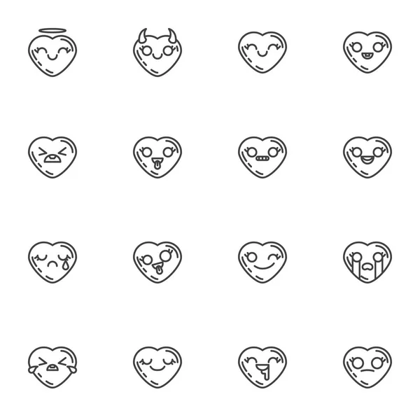 Set di icone della linea emoji a forma di cuore — Vettoriale Stock