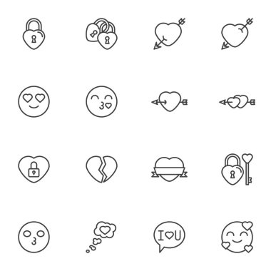 Sevgililer günü ve aşk çizgisi simgeleri ayarlandı