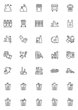 Sıfır atık hattı simgesi ayarlandı. Atık ayıklama biçimi sembolleri koleksiyonu, ana tabela paketleri. Vektör grafikleri. Set simgeleri çöp kutusu, çöp kutusu, geri dönüşüm kutusu, çöp, organik, pil, plastik