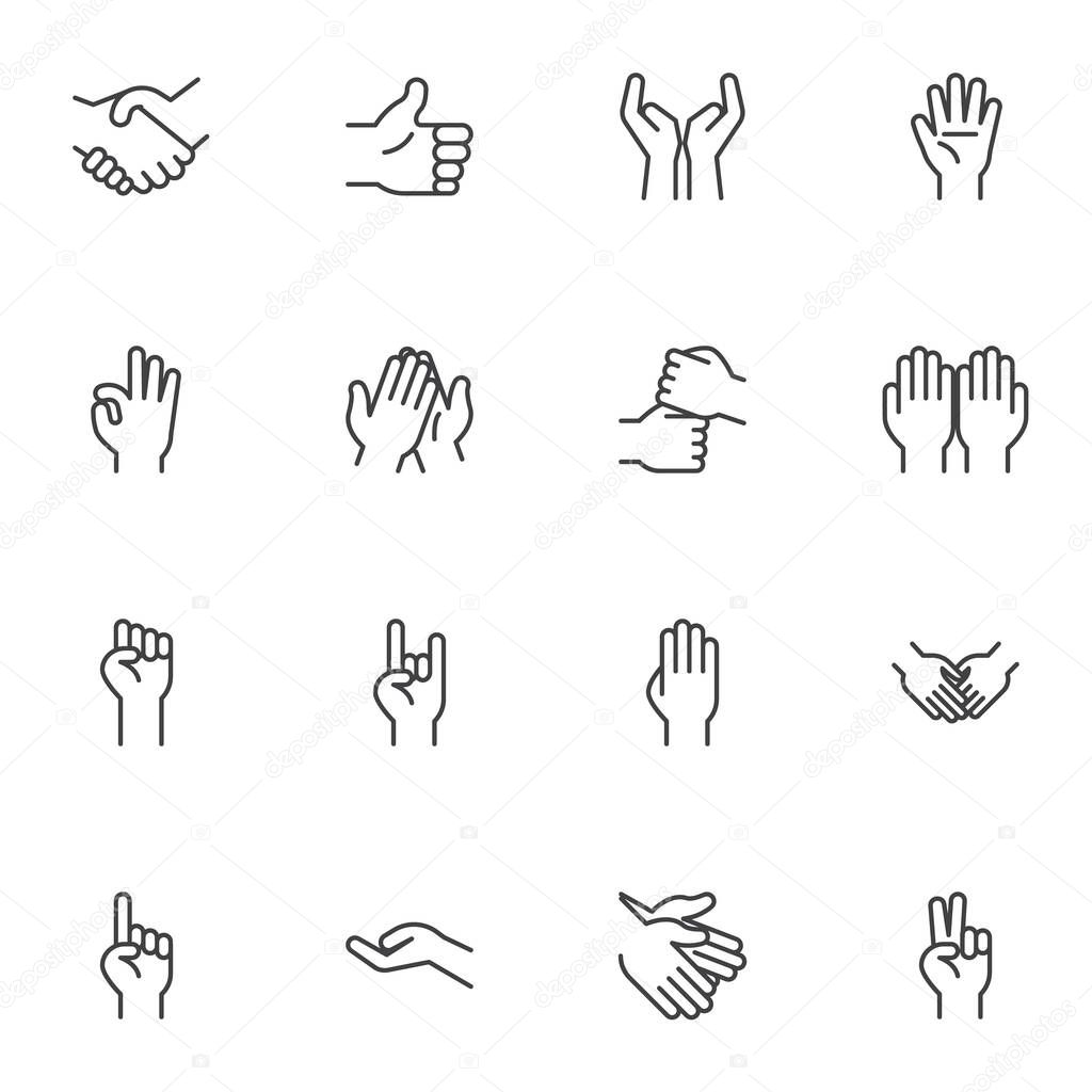 Hand gestures line icons set