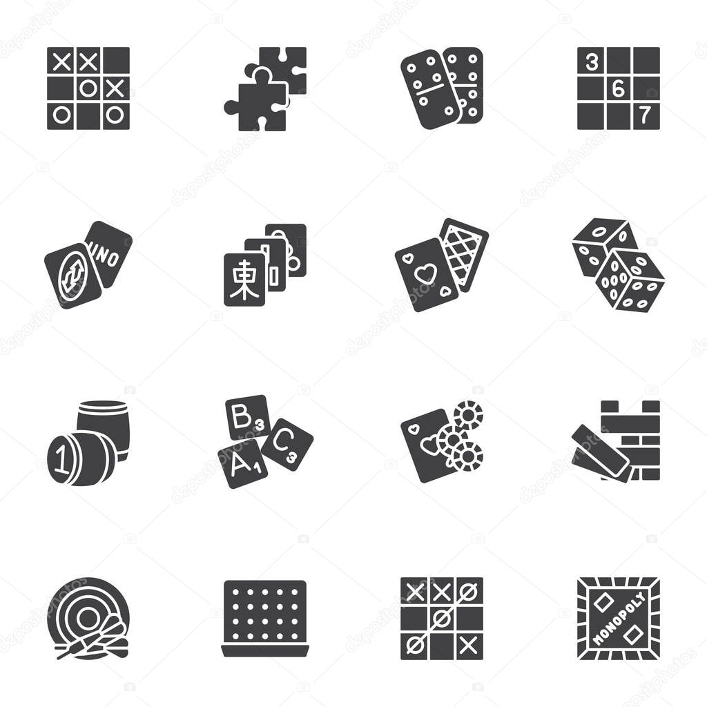 Board games vector icons set, modern solid symbol collection, filled style pictogram pack. Signs, logo illustration. Set includes icons as playing card, puzzle, dominoes game, tic tac toe