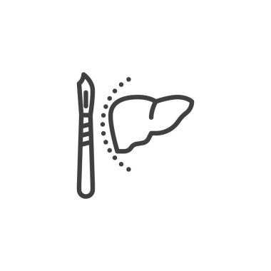 Karaciğer cerrahisi ikonu. Mobil konsept ve web tasarımı için doğrusal biçim işareti. İnsan karaciğeri ve neşter taslak vektör ikonu. Sembol, logo çizimi. Vektör grafikleri