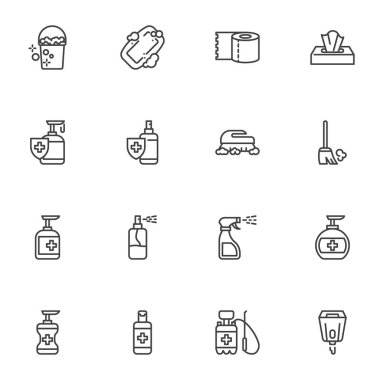 Cleaning and disinfection line icons set