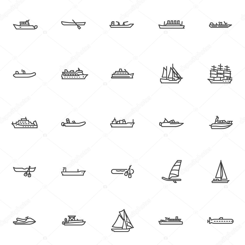 Ships and boats line icons set. linear style symbols collection, outline signs pack. vector graphics. Set includes icons as sailboat, submarine, cargo ship, cruise liner, rowboat, yacht, catamaran