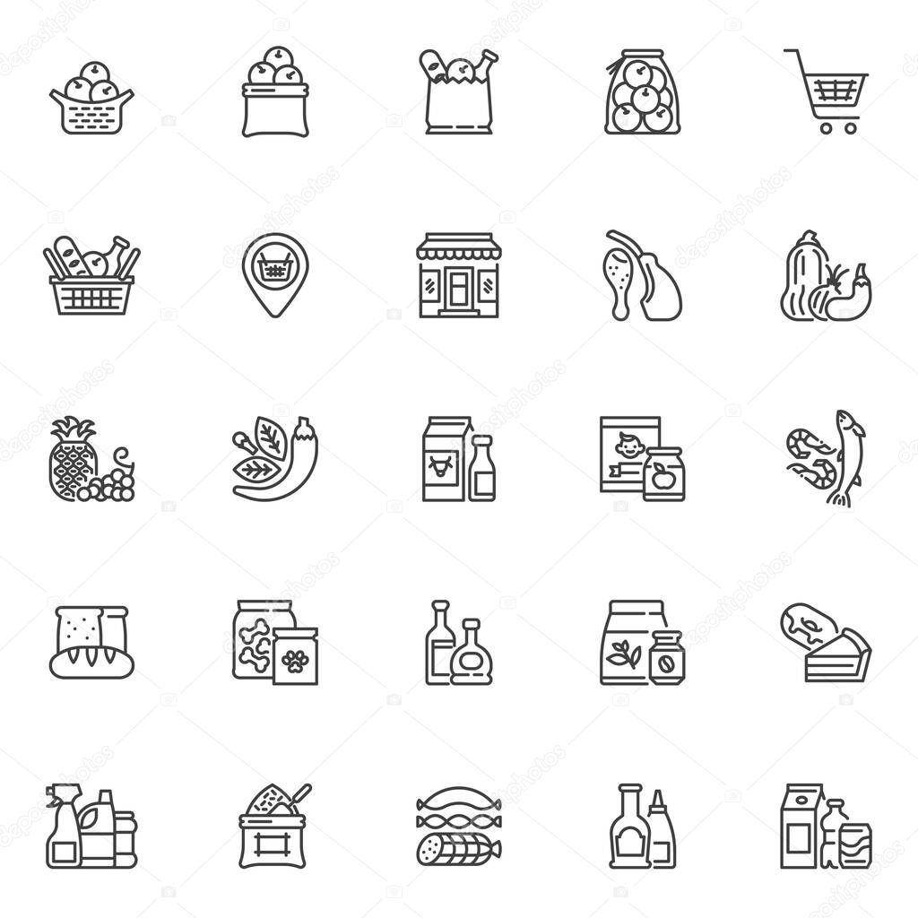 Grocery store departments line icons set. Grocery sections linear style symbols collection, outline signs pack. vector graphics. Set includes icons as fruit and vegetable, dairy product, seafood, meat