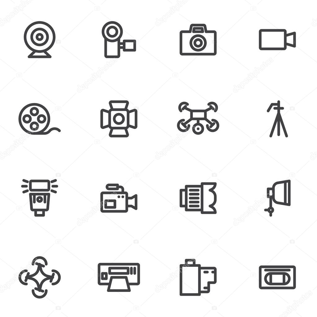 Photo and video line icons set, outline vector symbol collection, linear style pictogram pack. Signs, logo illustration. Set includes icons as photo camera lens, film strip, tripod, softbox, drone