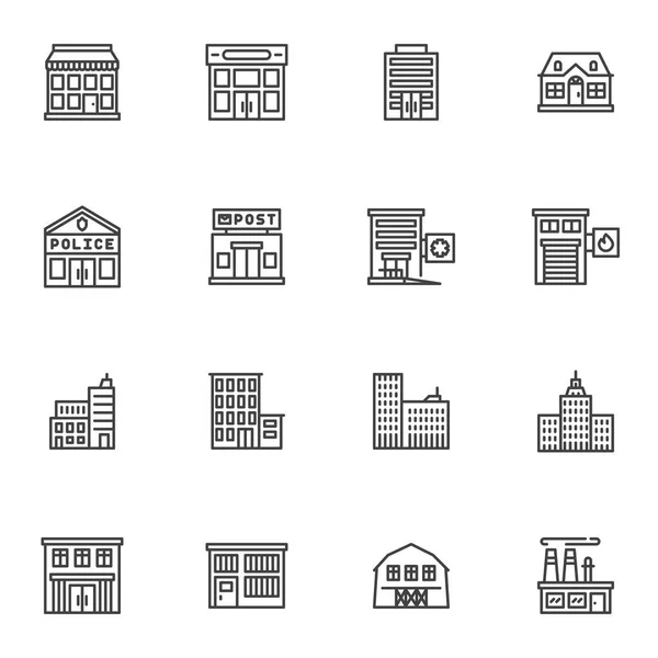 Ciudad edificios línea iconos conjunto — Vector de stock