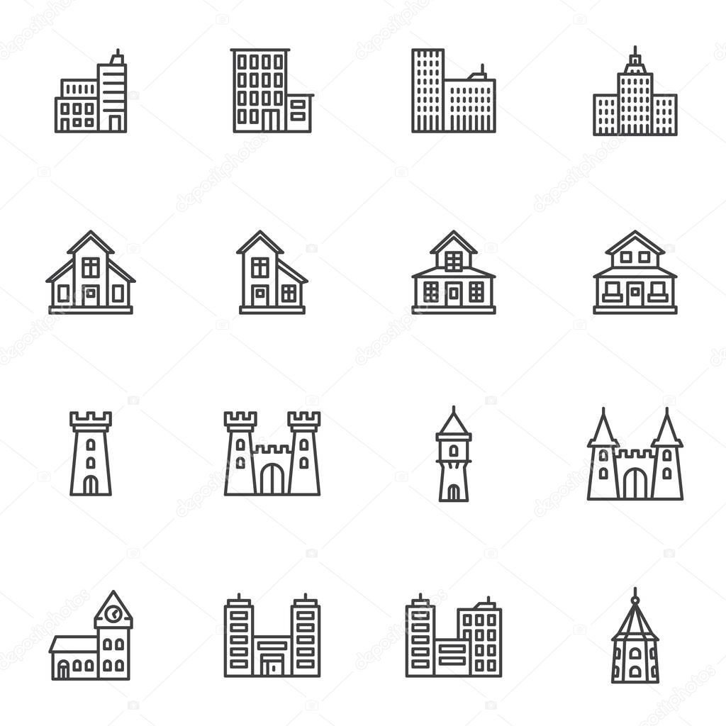 Types of buildings line icons set