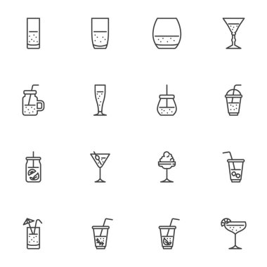 Kokteyl cam çizgi simgeleri ayarlandı