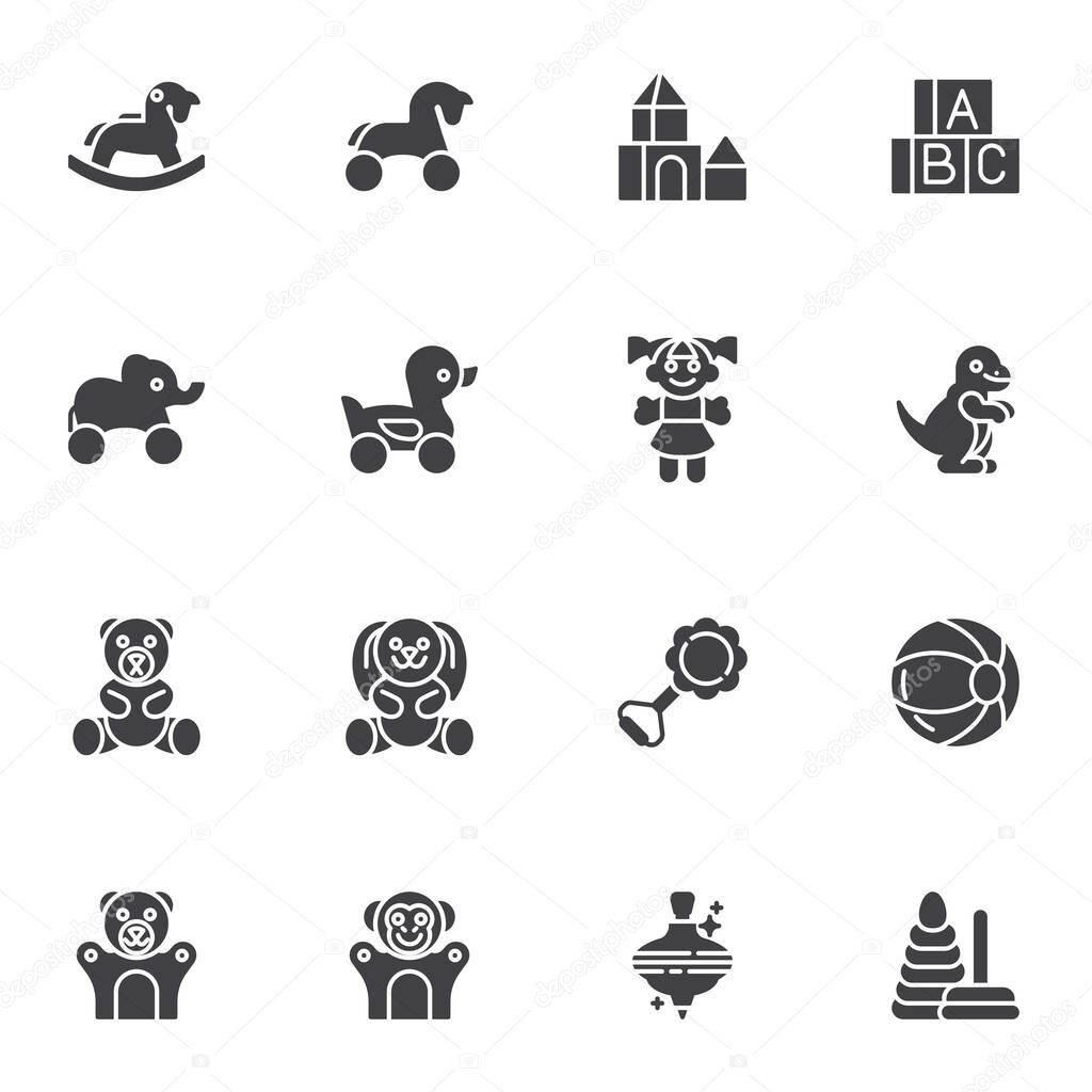 Baby toys vector icons set, modern solid symbol collection, filled style pictogram pack. Signs, logo illustration. Set includes icons as rocking horse, wood blocks, doll, ball, pyramid rings, bear